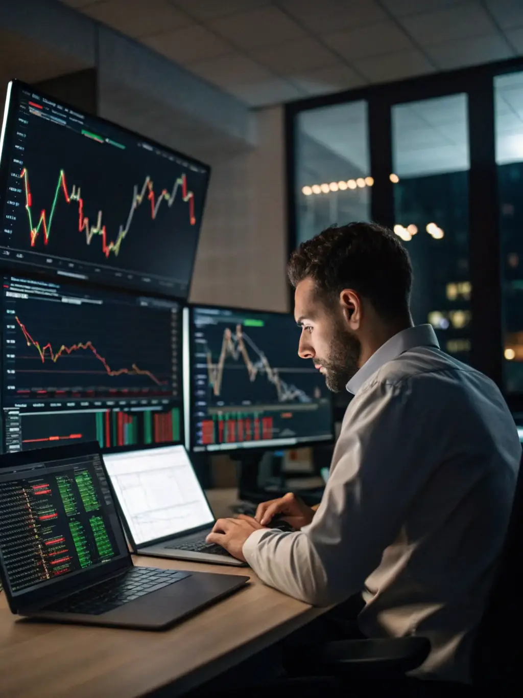 A professional image of a financial analyst using blockchain analytics tools to manage digital assets for a financial institution.