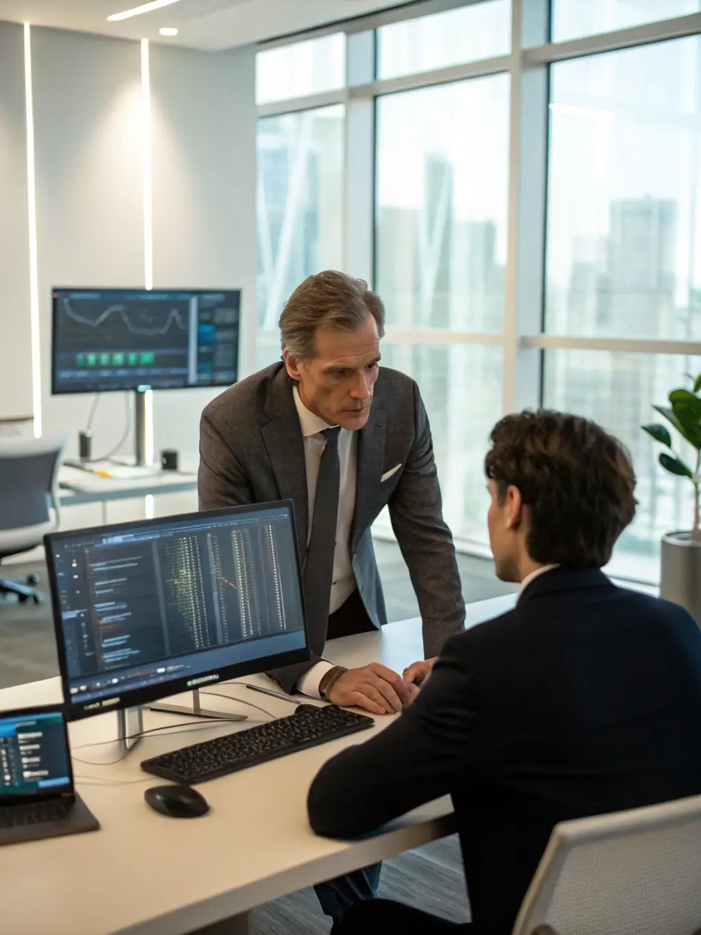A professional consultant discussing digital asset strategies with a client using charts and graphs, showcasing Dai Group's Digital Asset Strategy Consulting.